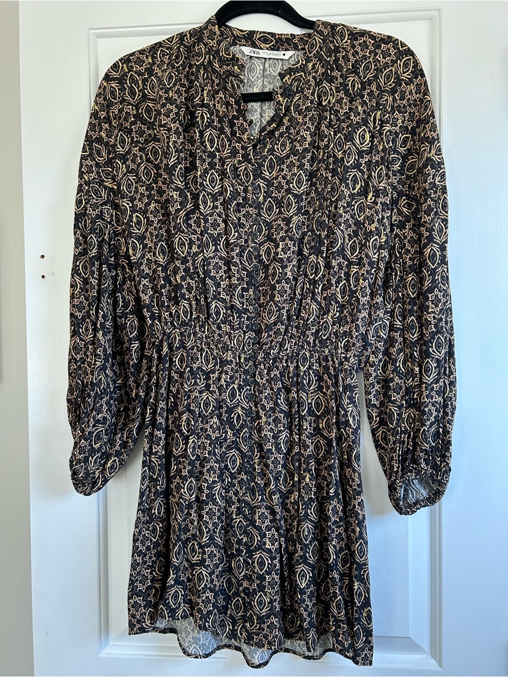 XS Zara Black Floral-Print Long Sleeve Cinched Waist Dress